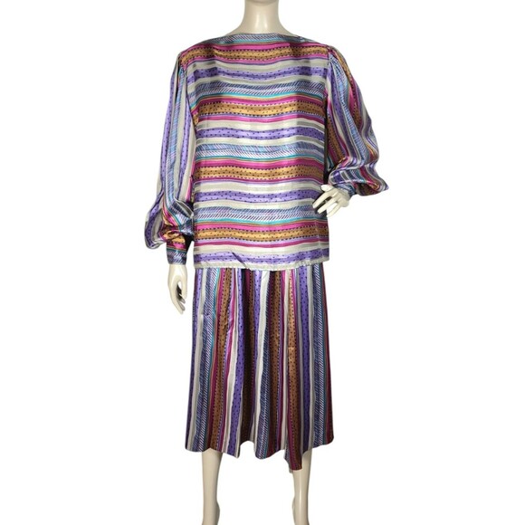 VTG 70s Evan Picone Silky Satin Mixed Media Puff Balloon Sleeve Blouse Skirt Set - Picture 7 of 16